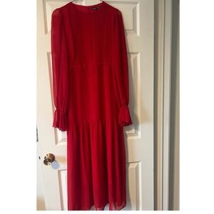 SHEIN Red Pleated Long Sleeve Tiered Midi Dress Women's Size M